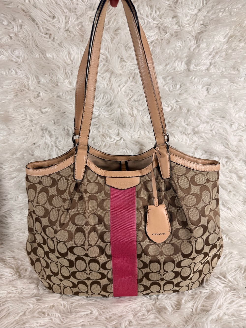 Coach Brown Signature Canvas Tote with Pink Stripe